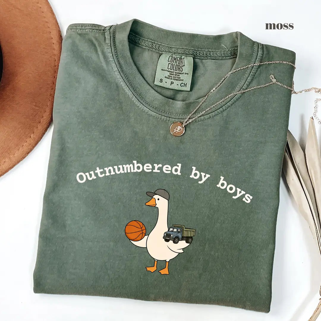 Moss Comfort Colors 1717 T-shirt with Outnumbered By Boys design worn by a model view 2