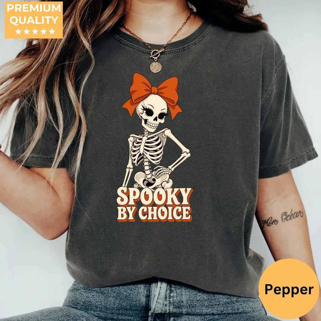 Spooky By Choice Skeleton Comfort Colors T-Shirt alternate product view in Pepper.