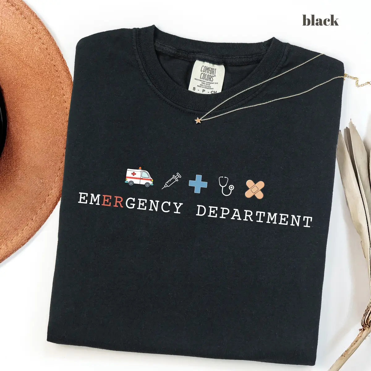 Black CF Comfort Colors 1717 T-shirt with Emergency Department design