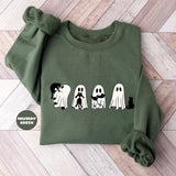 Military Green crewneck sweatshirt with four ghosts and a black cat in a row, flat lay view.