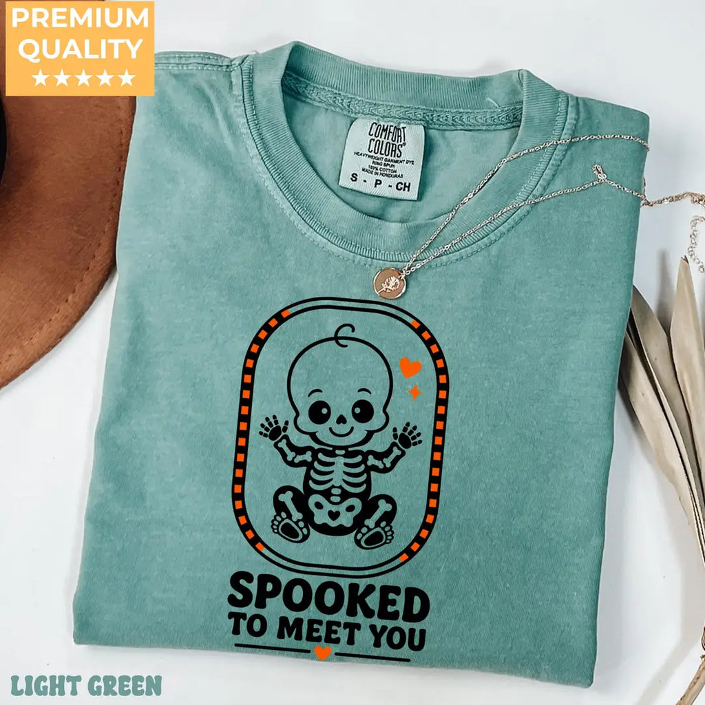 Spooked to Meet You - Halloween Pregnancy Announcement Comfort Colors T-Shirt alternate product view.