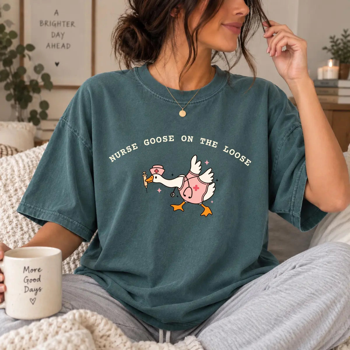 Comfort Colors 1717 T-shirt with Nurse Goose on the Loose design worn by a model
