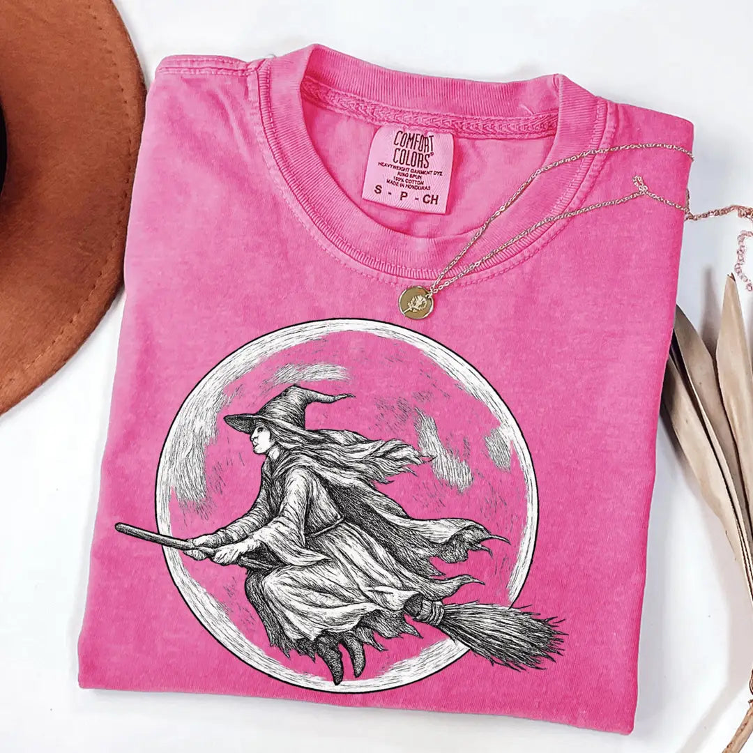 Witch Flying Broomstick Comfort Colors T-Shirt alternate product view.