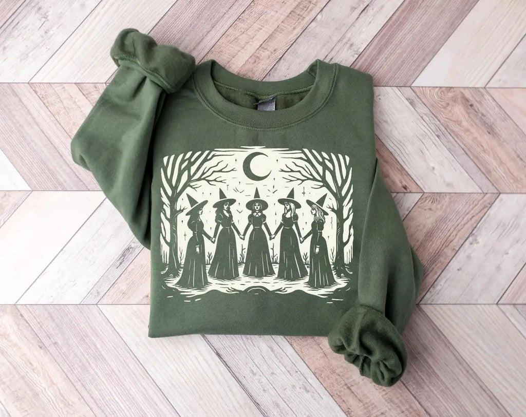 Crewneck sweatshirt with printed Vintage Girls Will Be Girls Witch design, hero view.