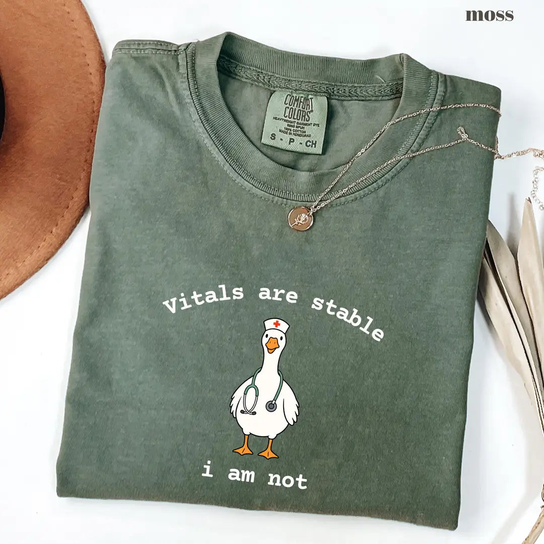 Moss Comfort Colors 1717 T-shirt with Vitals Are Stable I Am Not design worn by a model view 2