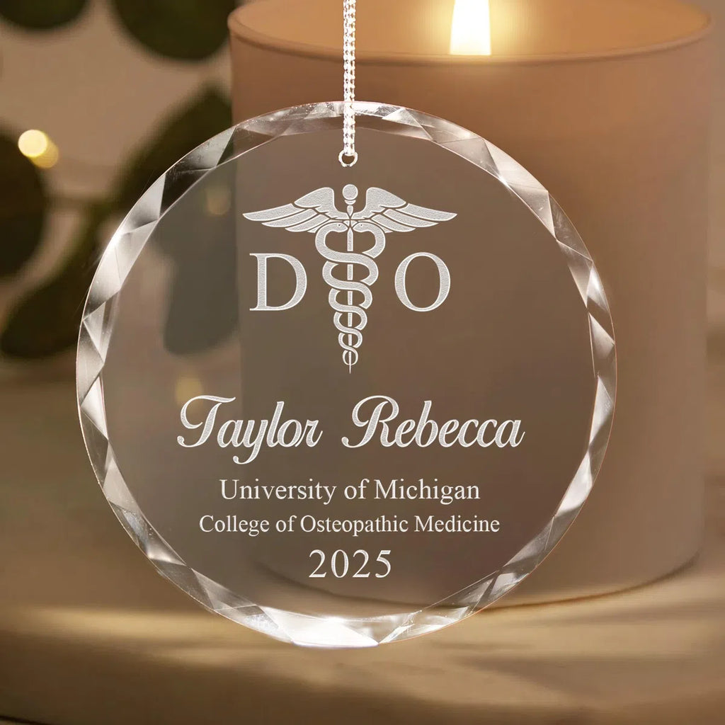 Additional view of a Doctor of Osteopathic Medicine personalized engraved engraved crystal glass ornament.