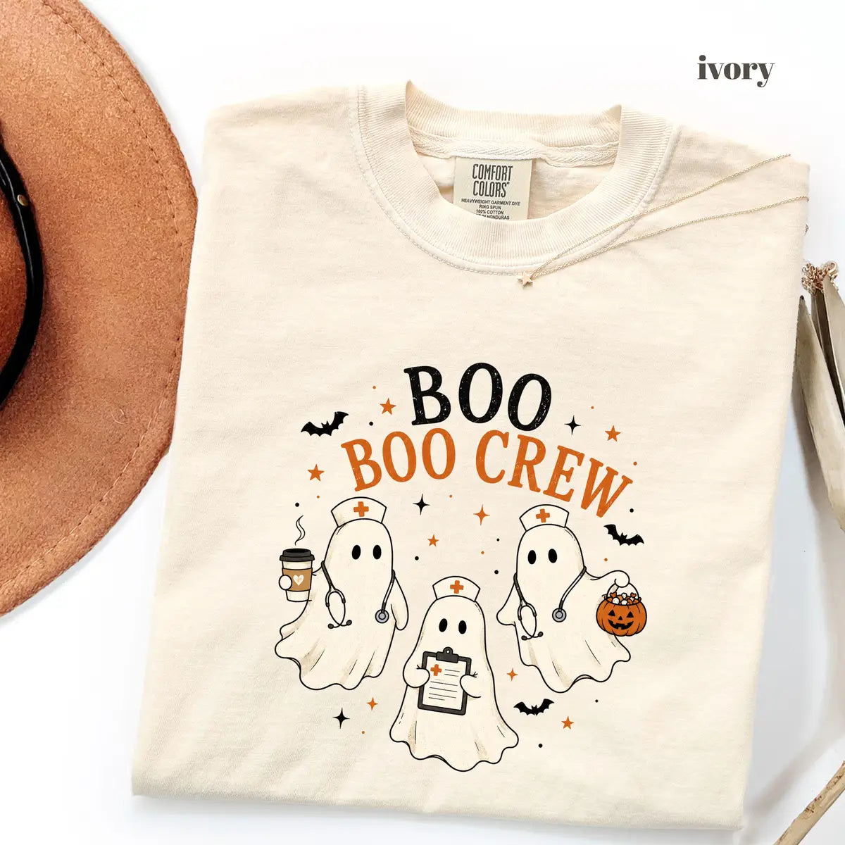 Ivory Comfort Colors 1717 T-shirt with Boo Boo Crew Ghost Nurse design view 2
