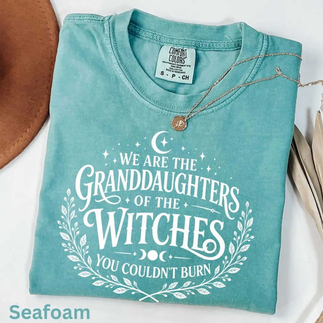 We Are the Granddaughters of the Witches You Could Not Burn Comfort Colors T-Shirt alternate product view in Seafoam.