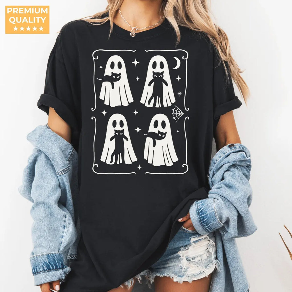 Black Cats Under Ghost Sheets - Halloween Comfort Colors T-Shirt alternate product view.