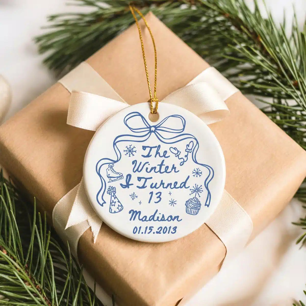 Personalized ceramic ornament featuring The Winter I Turned 13.