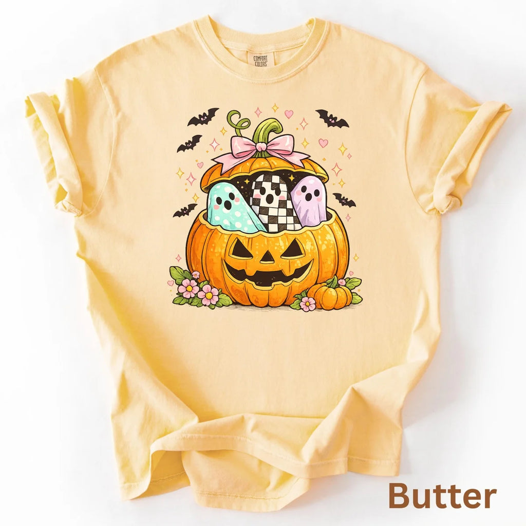 Preppy Pumpkin Ghost Comfort Colors T-Shirt alternate product view in Butter.