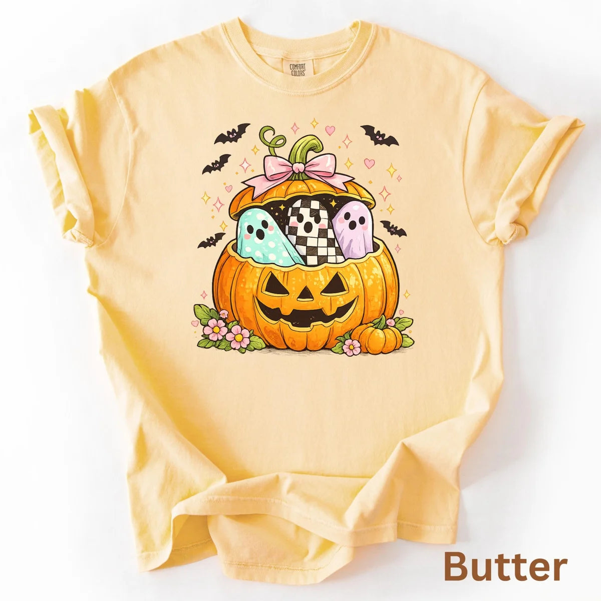 Preppy Pumpkin Ghost Comfort Colors T-Shirt alternate product view in Butter.