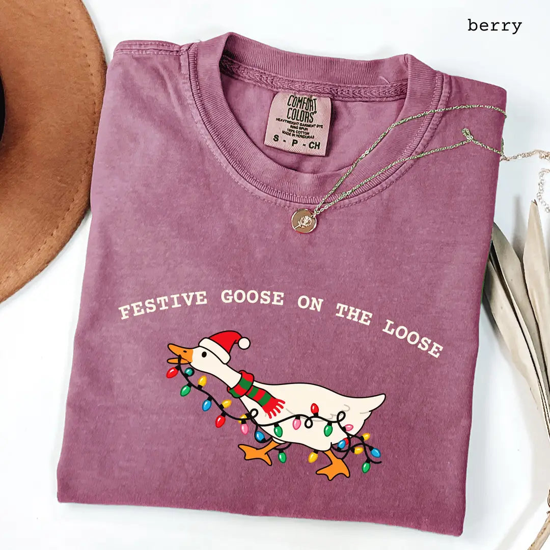 Comfort Colors 1717 T-shirt with Festive Goose on the Loose Christmas design worn by a model view 5