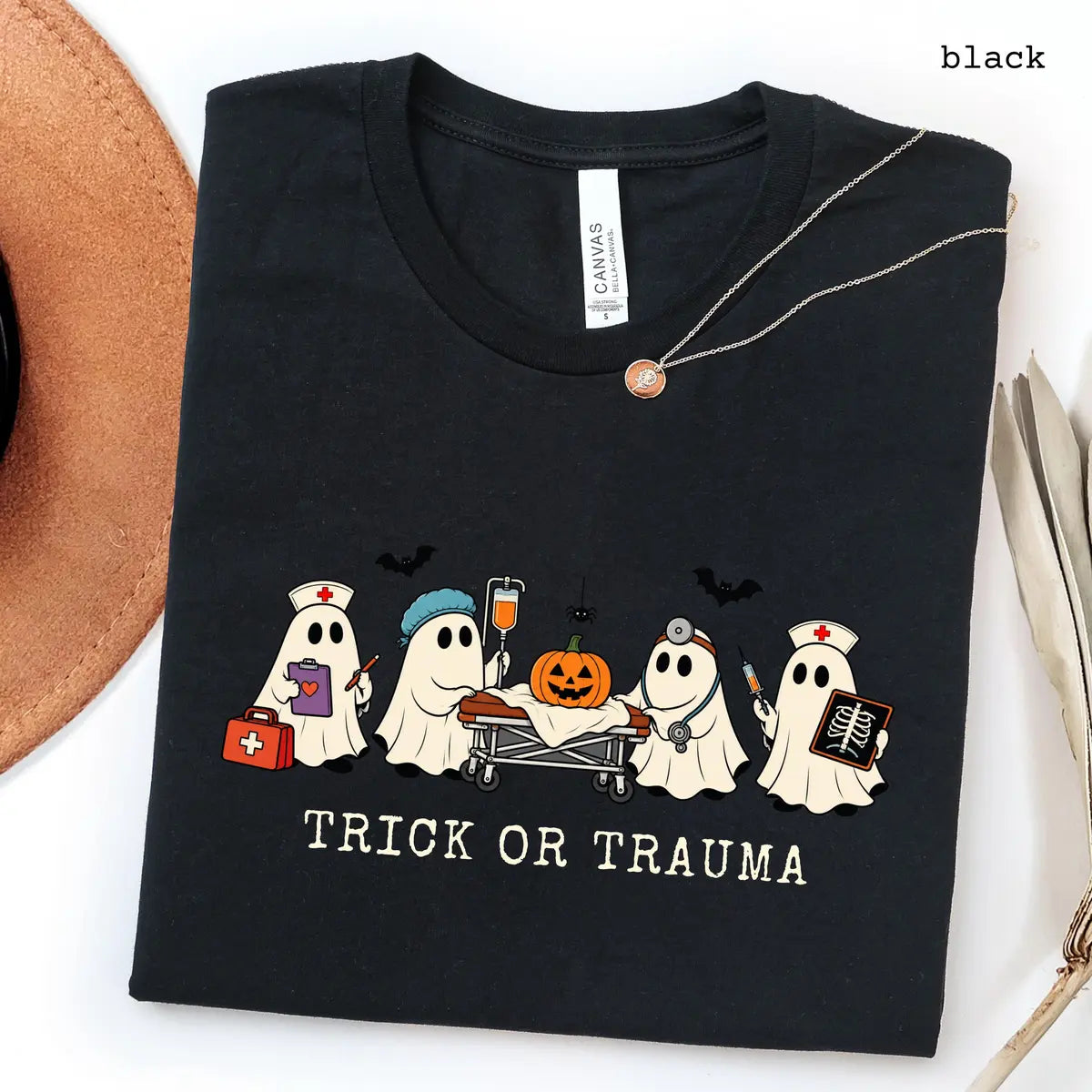 Black Bella Canvas 3001 T-shirt with Halloween Nurse design