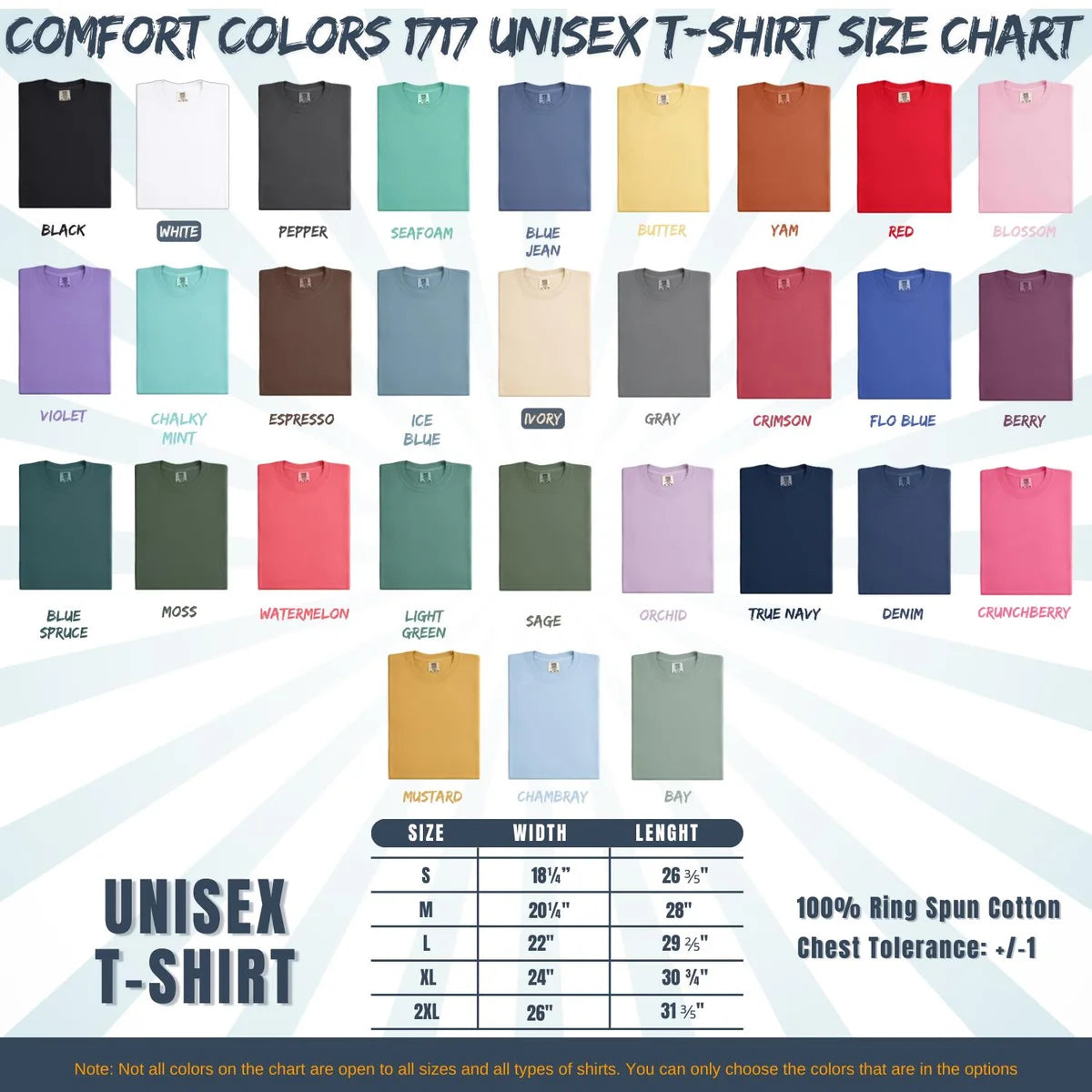 Comfort Colors 1717 T-shirt size chart with adult garment measurements