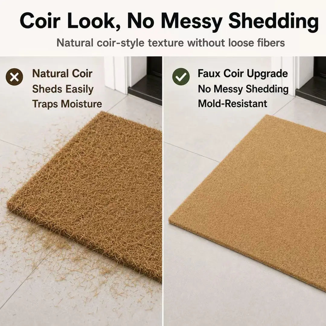 Comparison card headed Coir Look, No Messy Shedding, showing a faux coir mat with no messy shedding and mold resistance beside a shedding mat