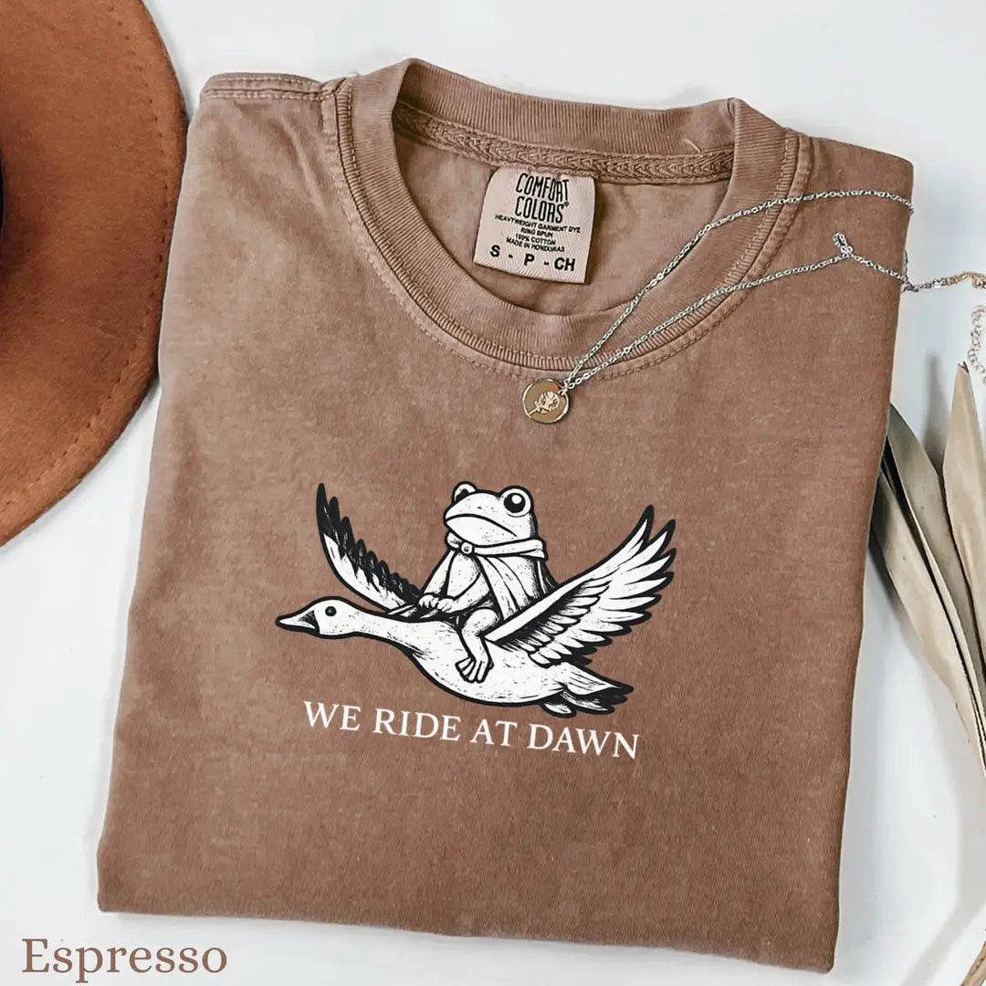 Espresso Comfort Colors 1717 T-shirt with We Ride at Dawn design, alternate product view.