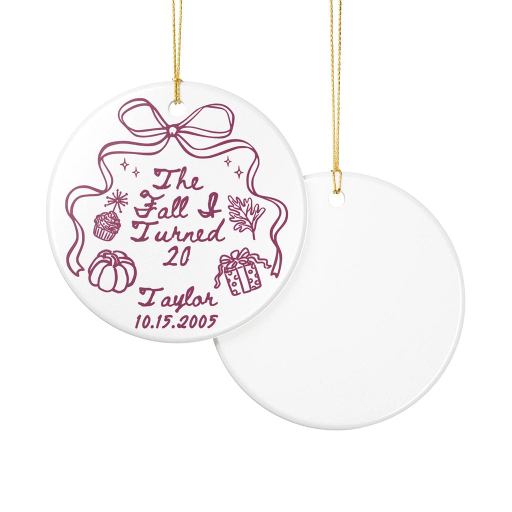 Front and back views of a Fall I Turned 20 personalized ceramic ornament.
