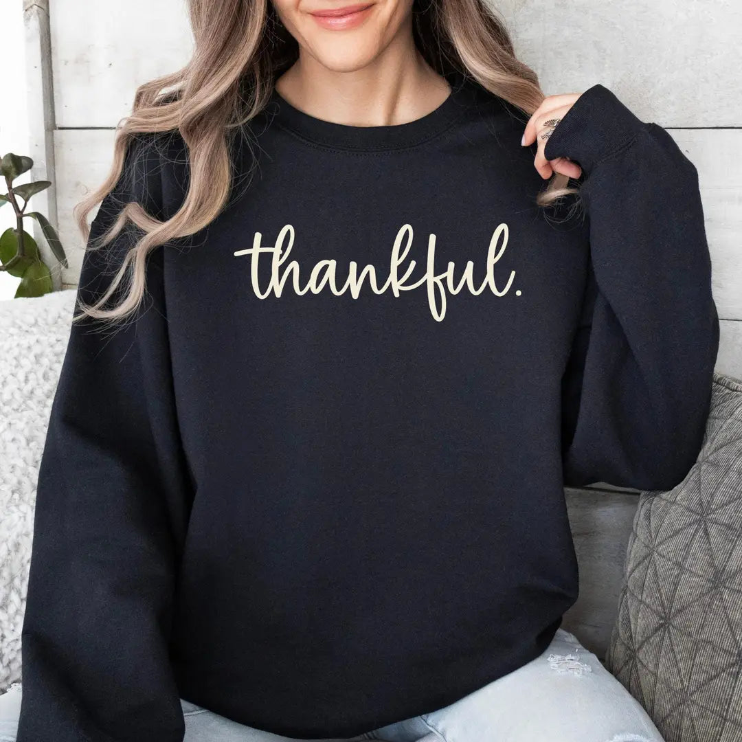 Crewneck sweatshirt with printed Thankful design, alternate product view.