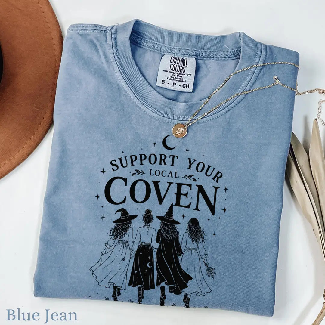 Support Your Local Coven - Witch Group Comfort Colors T-Shirt alternate product view in Blue Jean.