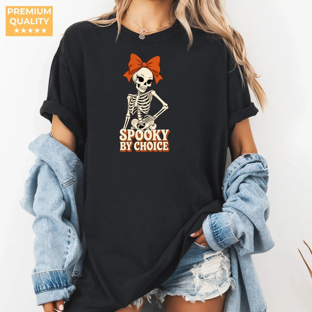 Spooky By Choice Skeleton Comfort Colors T-Shirt alternate product view in Black.