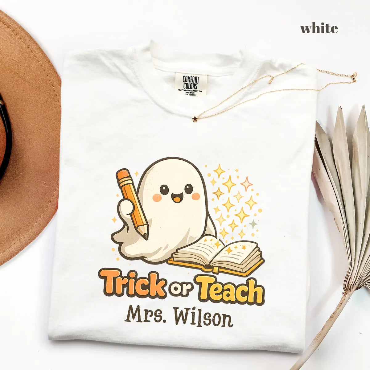 White Comfort Colors 1717 T-shirt with Halloween Teacher design