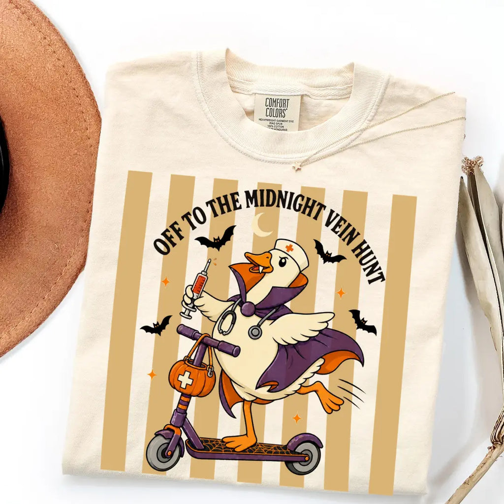 Off to the Midnight Vein Hunt - Nurse Goose Halloween Comfort Colors T-Shirt alternate product view in Ivory.