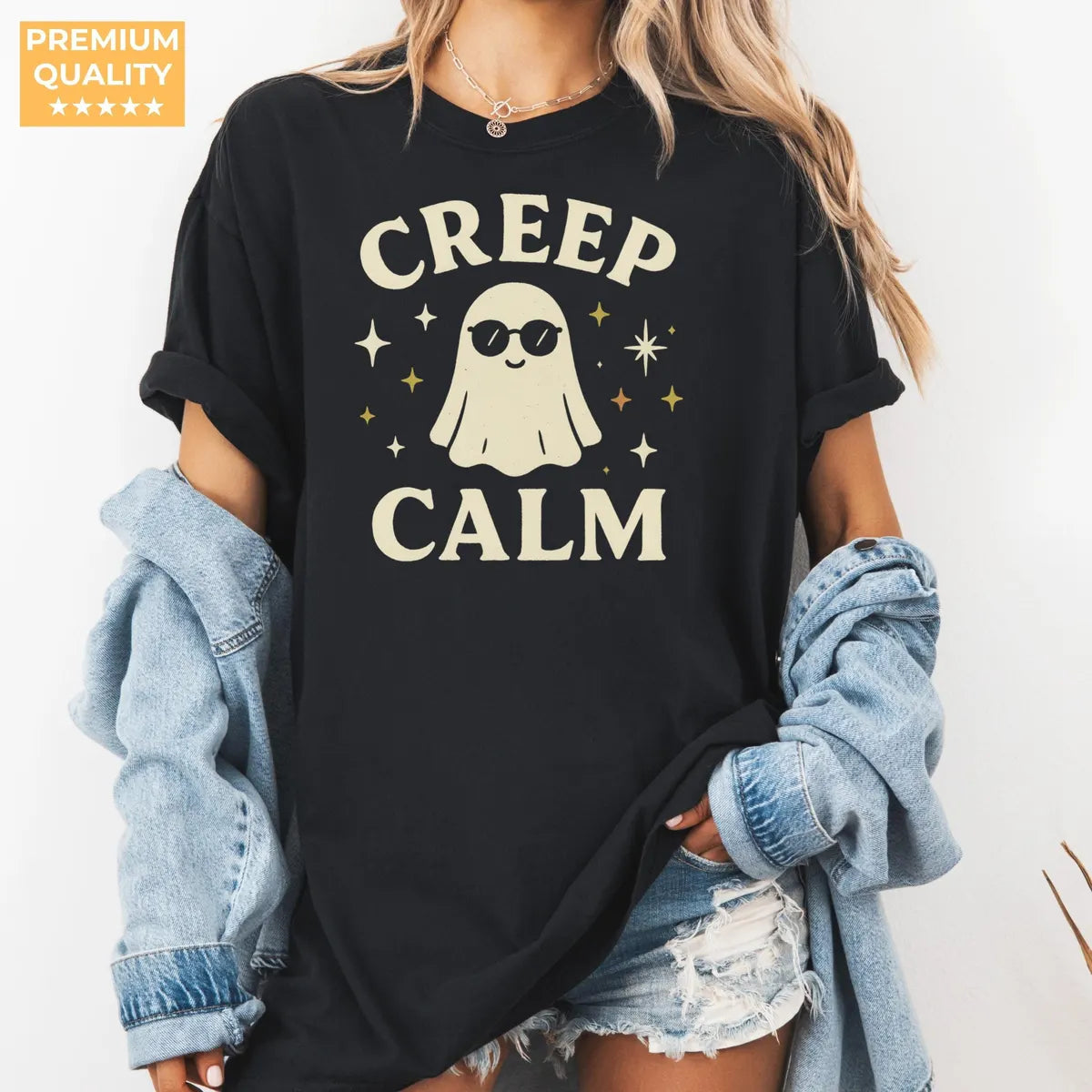 Creep Calm - Cool Ghost Halloween Comfort Colors T-Shirt alternate product view in Black.