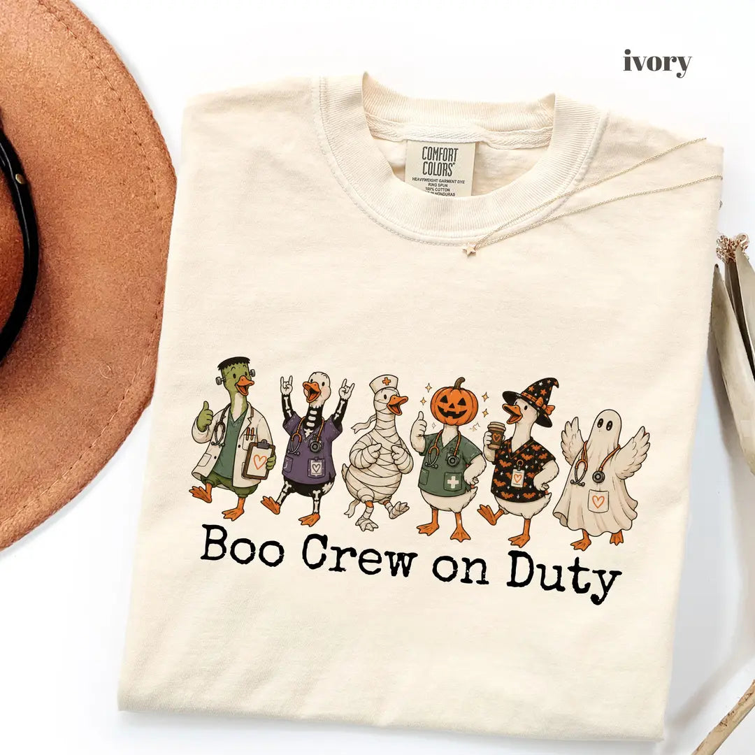 Ivory Comfort Colors 1717 T-shirt with Boo Crew on Duty Halloween Nurse design