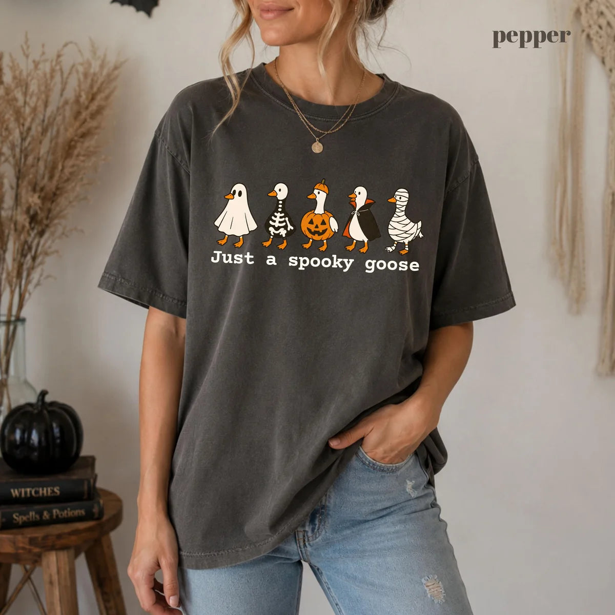 Pepper Comfort Colors 1717 T-shirt with Just A Spooky Goose design view 2