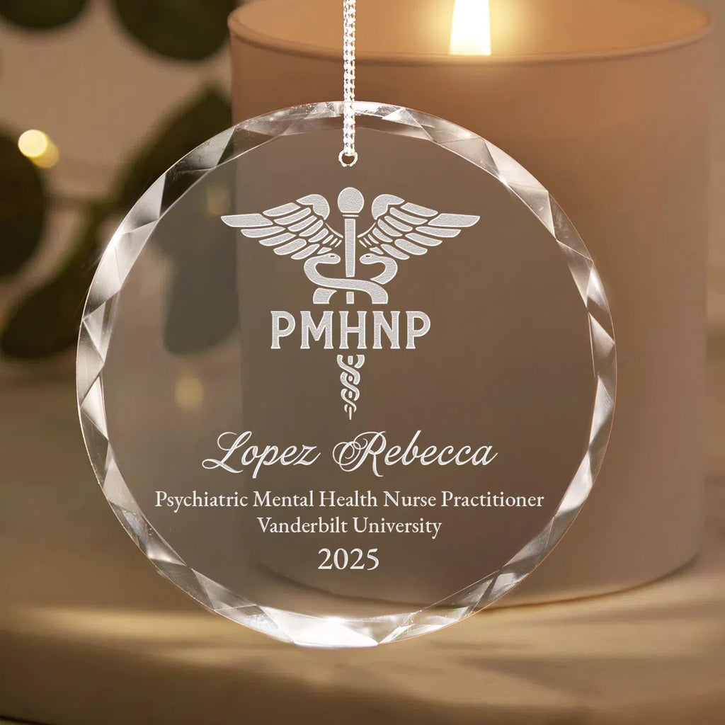Additional view of a Psychiatric Mental Health Nurse Practitioner personalized engraved engraved crystal glass ornament.