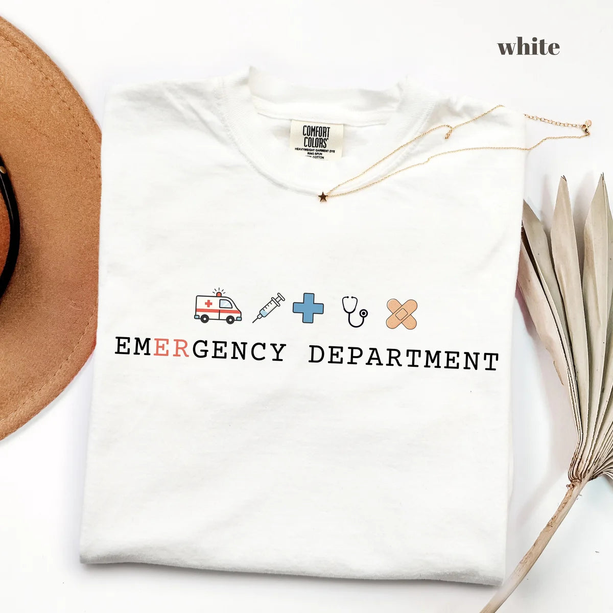 White Comfort Colors 1717 T-shirt with Emergency Department design