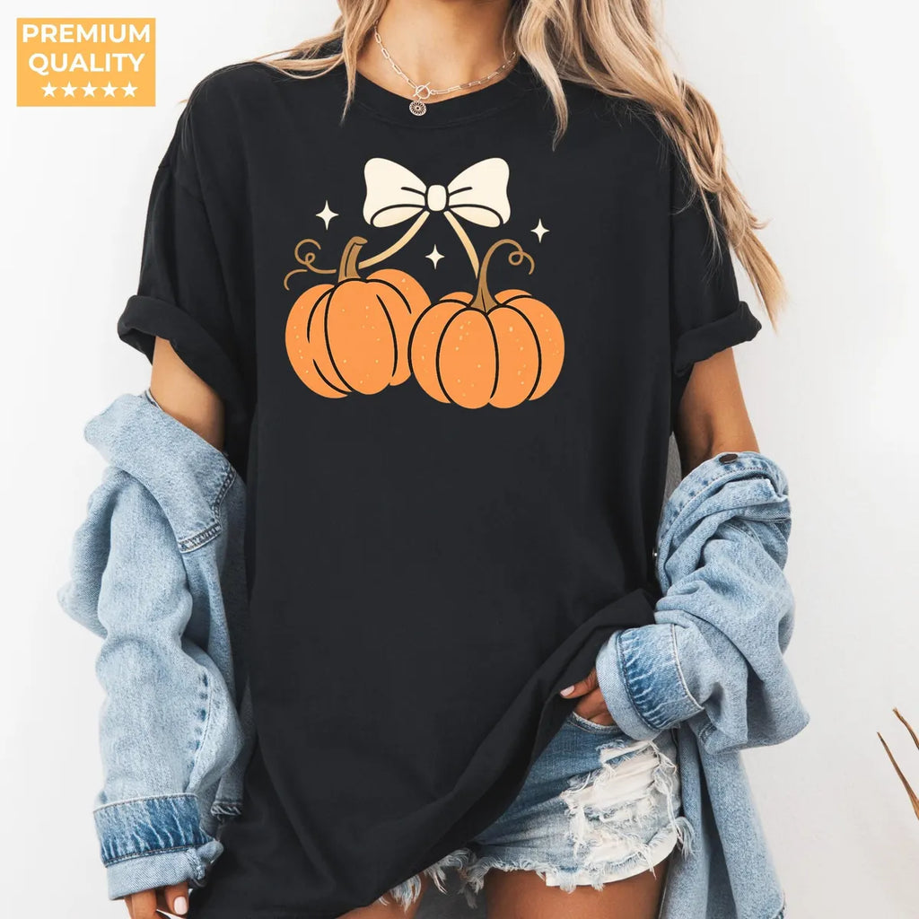 Coquette Bow Pumpkins - Women's Halloween Comfort Colors T-Shirt alternate product view in Black.