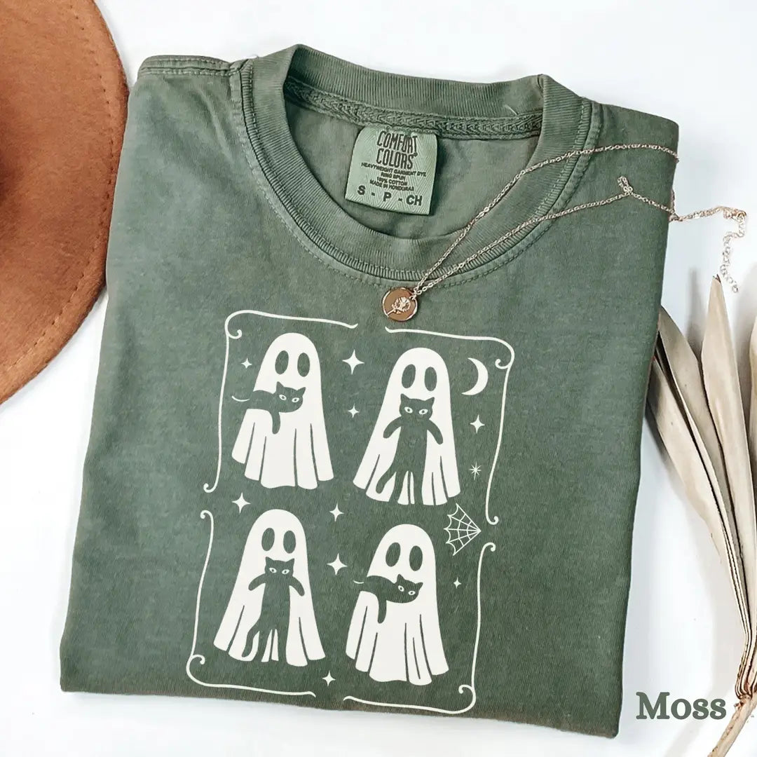 Black Cats Under Ghost Sheets - Halloween Comfort Colors T-Shirt alternate product view in Moss.