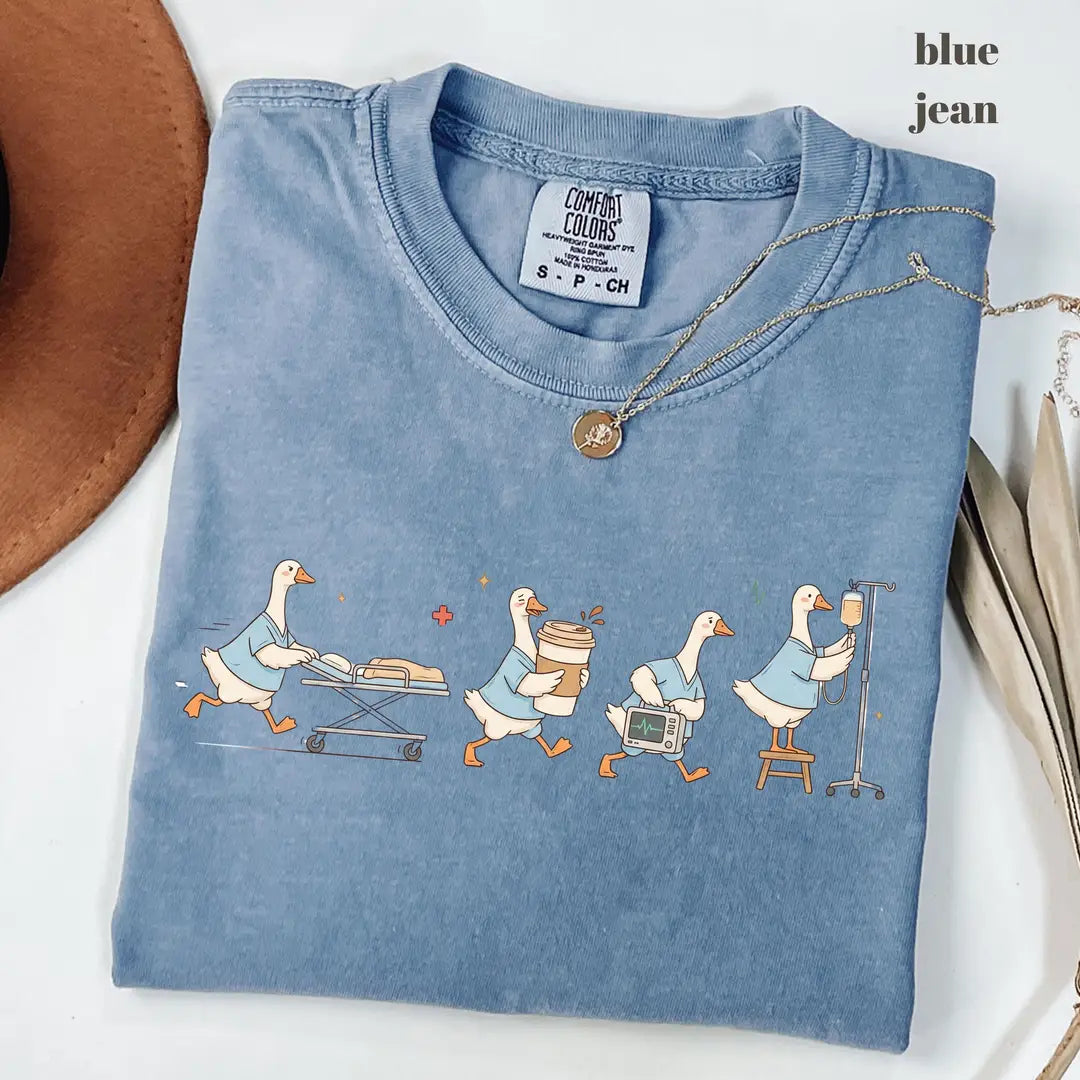 Blue Jean Comfort Colors 1717 T-shirt with ER Nurse Goose design