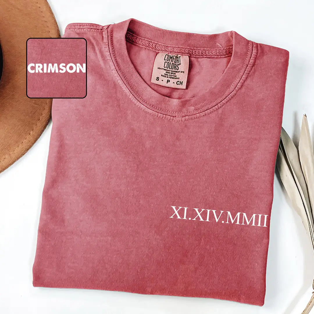 Crimson Comfort Colors 1717 T-shirt with Roman Numeral Date design