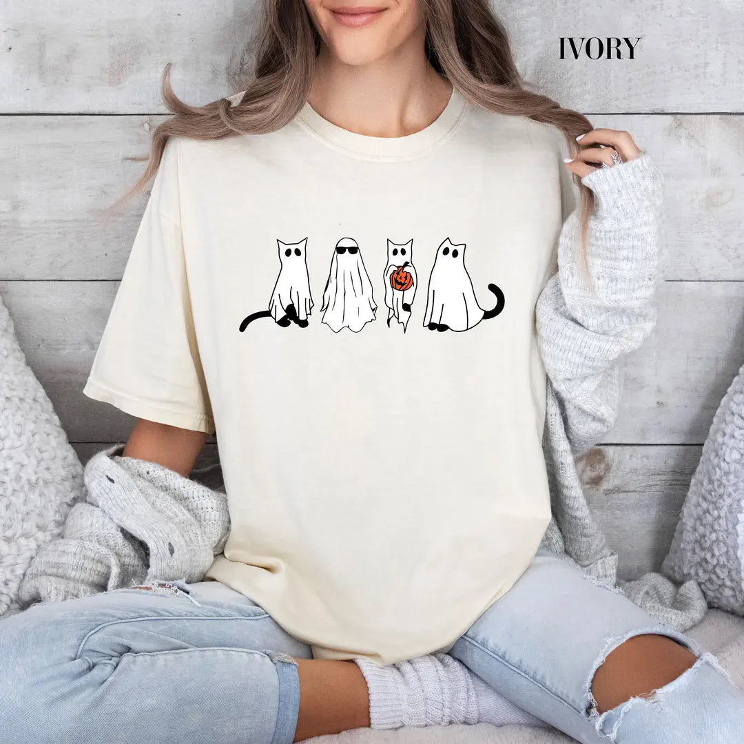 Ivory Comfort Colors 1717 T-shirt with Ghost Black Cat design