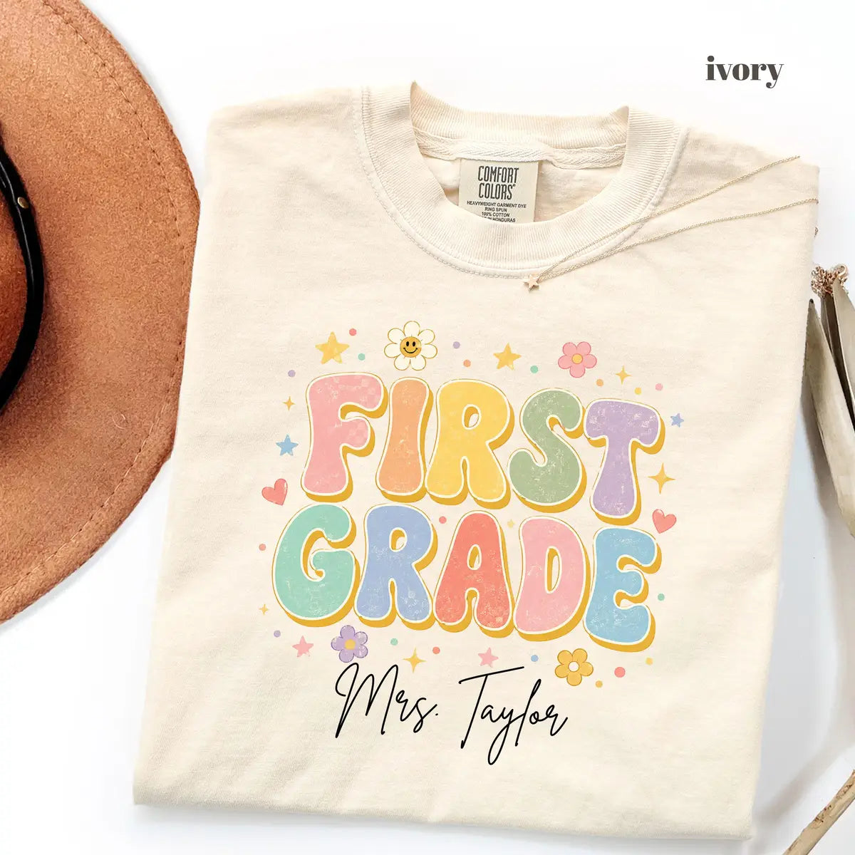 Ivory Comfort Colors 1717 T-shirt with First Grade Teacher design