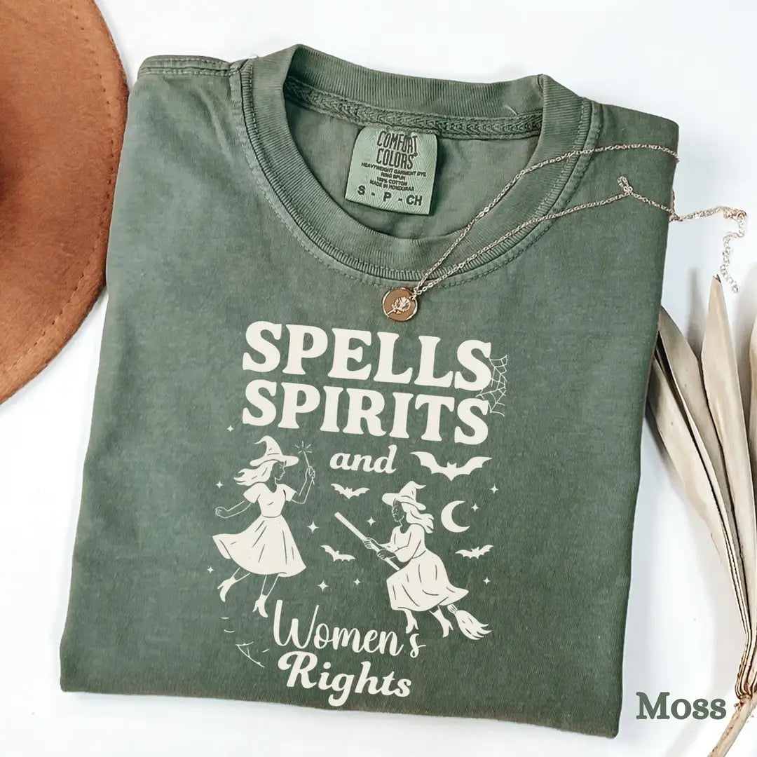 Spells Spirits & Women's Rights - Witch Halloween Comfort Colors T-Shirt alternate product view in Moss.