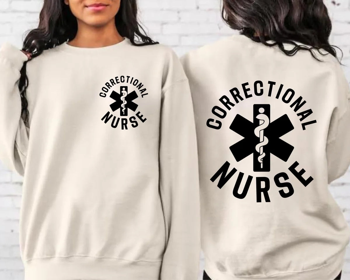 White Crewneck sweatshirt with printed Corrections Nurse design, alternate product view.