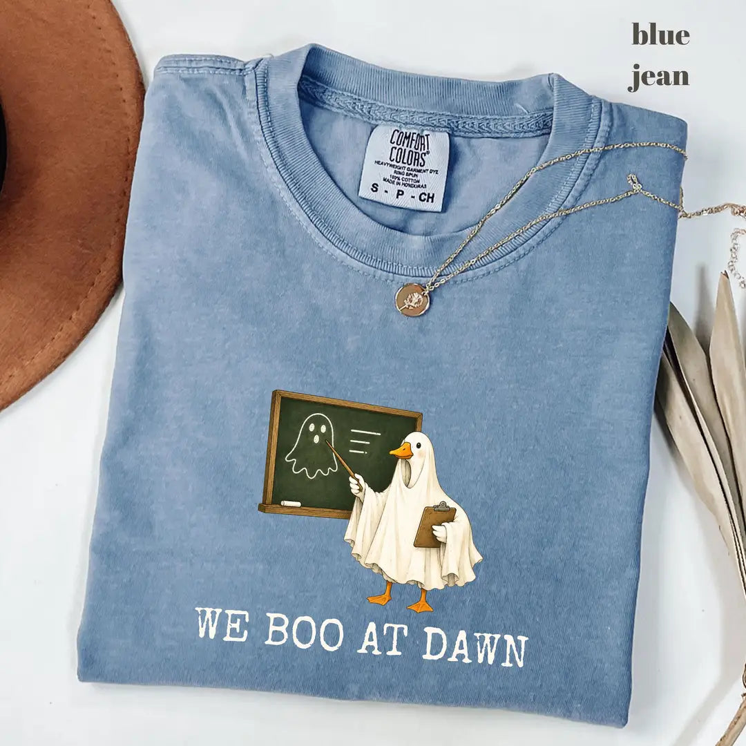 Blue Jean Comfort Colors 1717 T-shirt with We Boo At Dawn Goose design worn by a model view 2