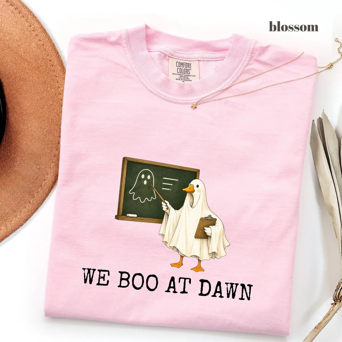 Blossom Comfort Colors 1717 T-shirt with We Boo At Dawn Goose design worn by a model