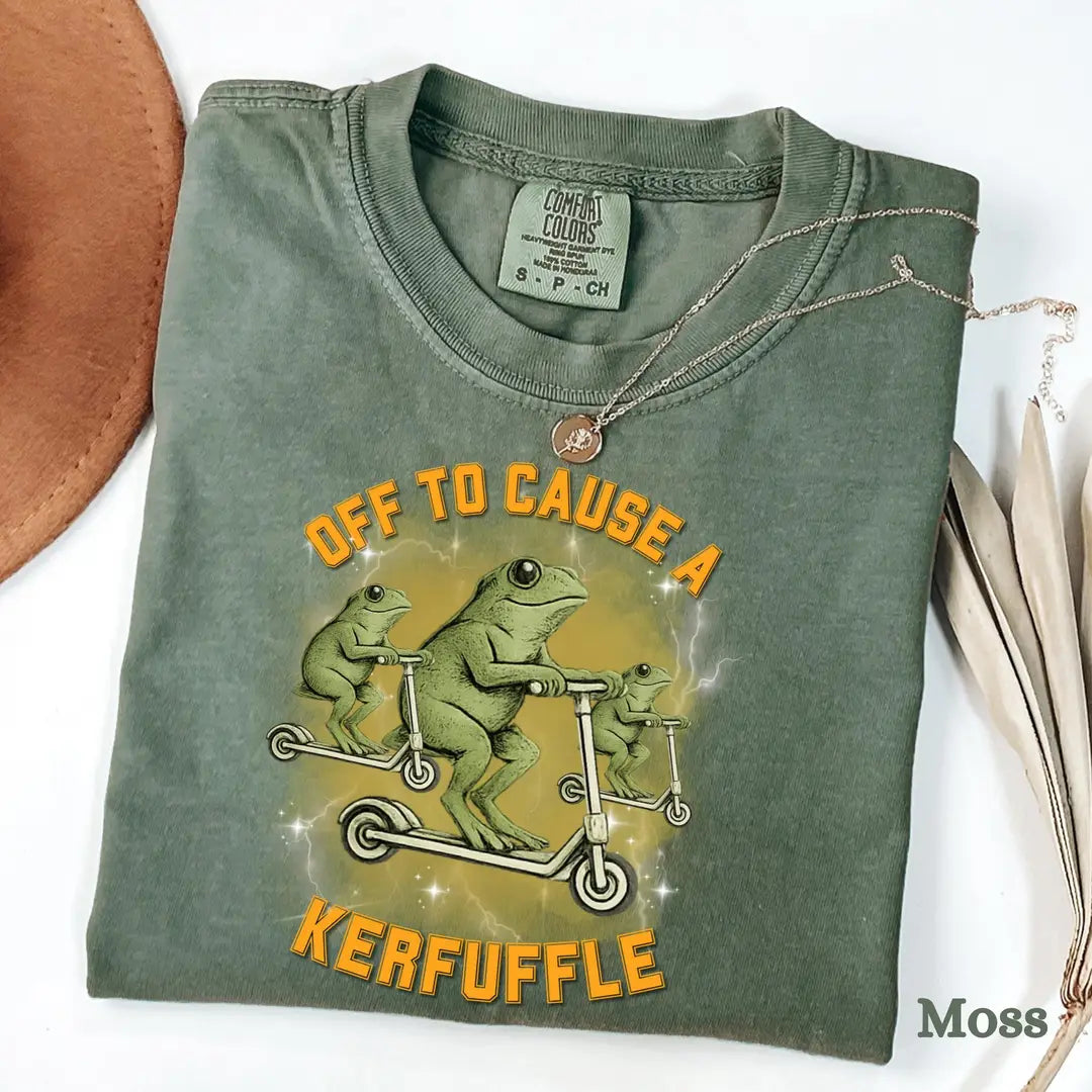 Moss Comfort Colors 1717 T-shirt with Off To Cause A Kerfuffle Funny Frog Scooter Silly Animal Mental Health Adult Humor Sarcastic design, alternate product view.