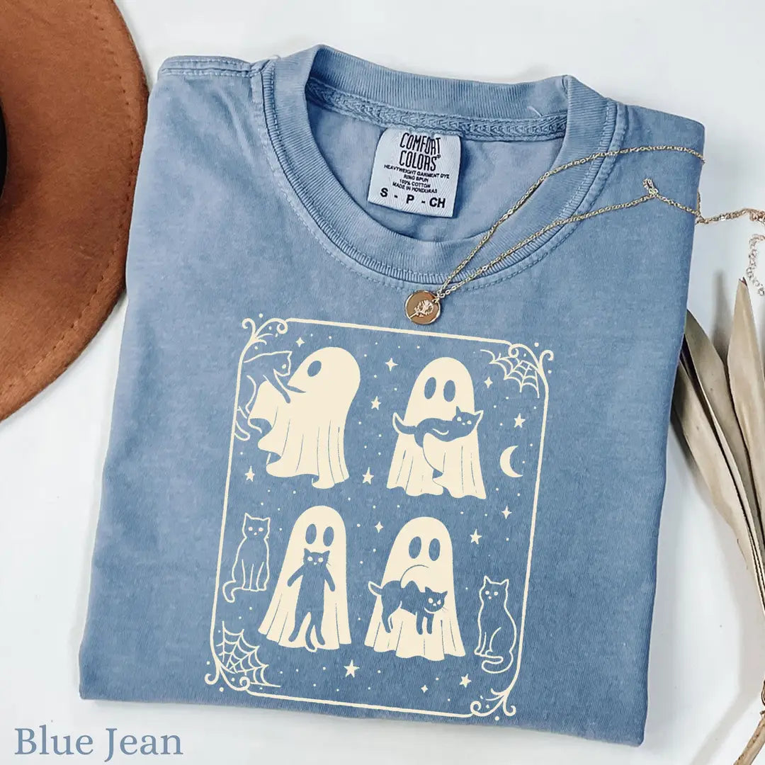 Ghosts & Black Cats - Gothic Halloween Comfort Colors T-Shirt alternate product view in Blue Jean.