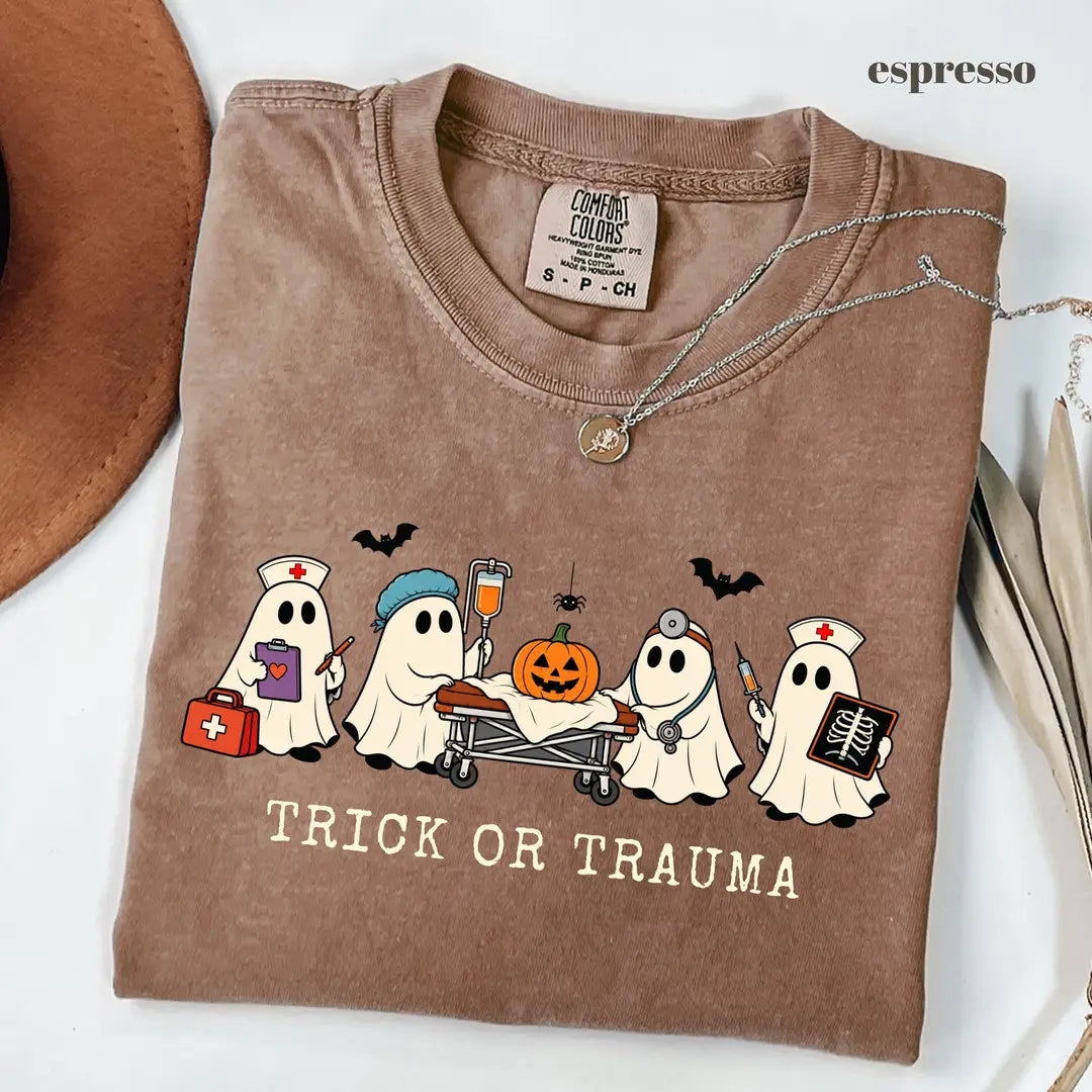Espresso Comfort Colors 1717 T-shirt with Trick or Trauma Nurse design