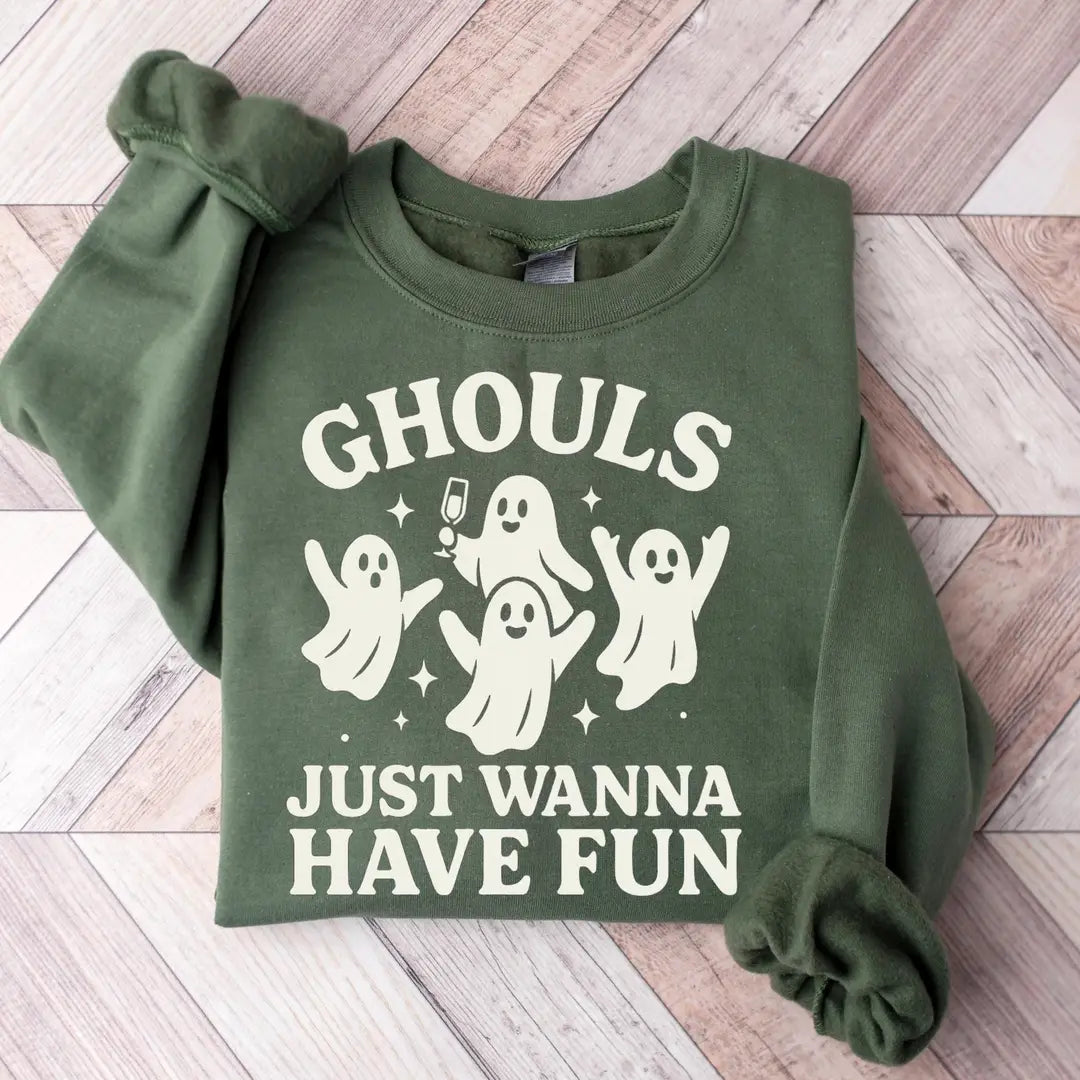 Military Green Crewneck sweatshirt with Girls Trip Halloween design, alternate product view.