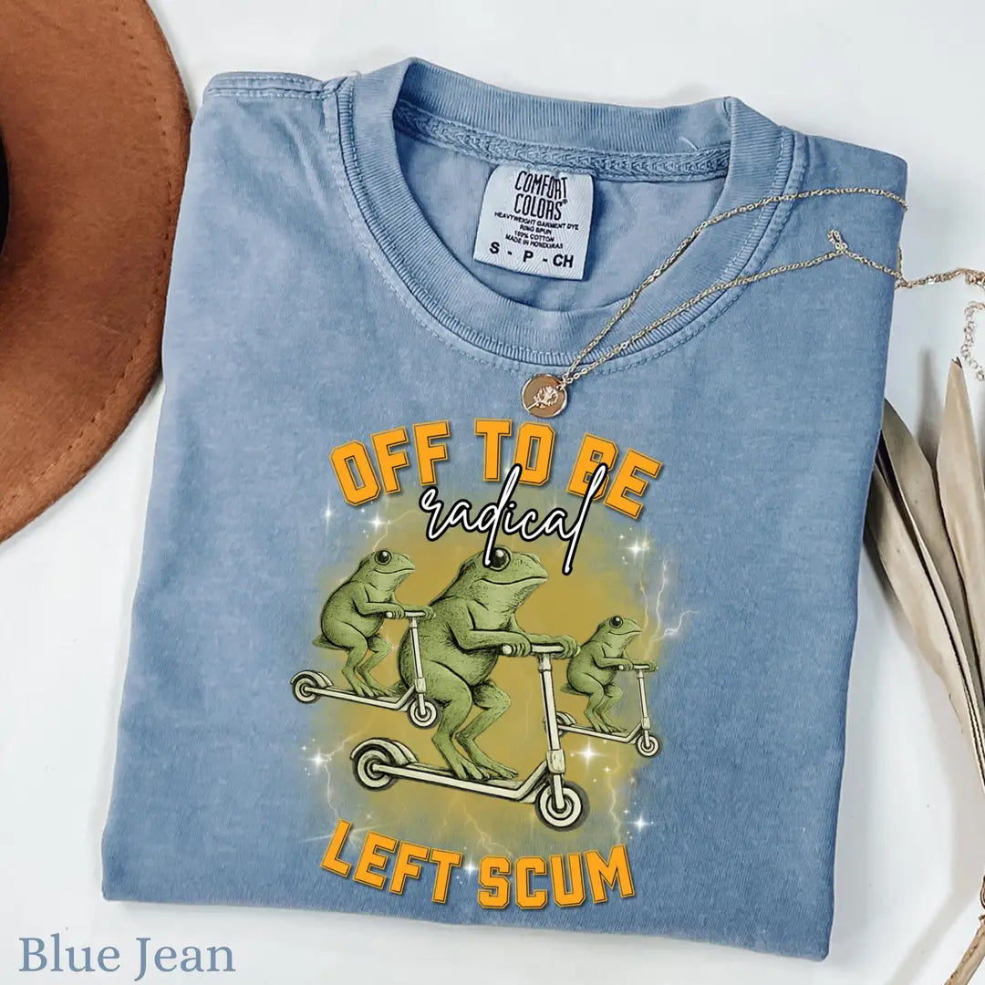 Blue Jean Comfort Colors 1717 T-shirt with Radical Left Frog on Scooter Political Meme design, alternate product view.