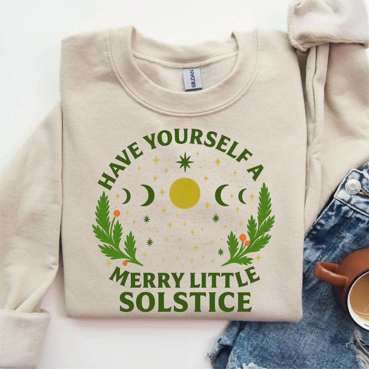 Sand Crewneck sweatshirt with Winter Solstice design, alternate product view.