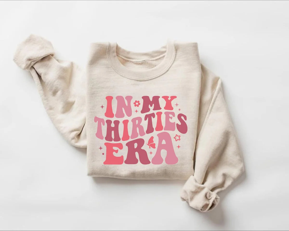 White Crewneck sweatshirt with In My Thirties Era design, hero view.