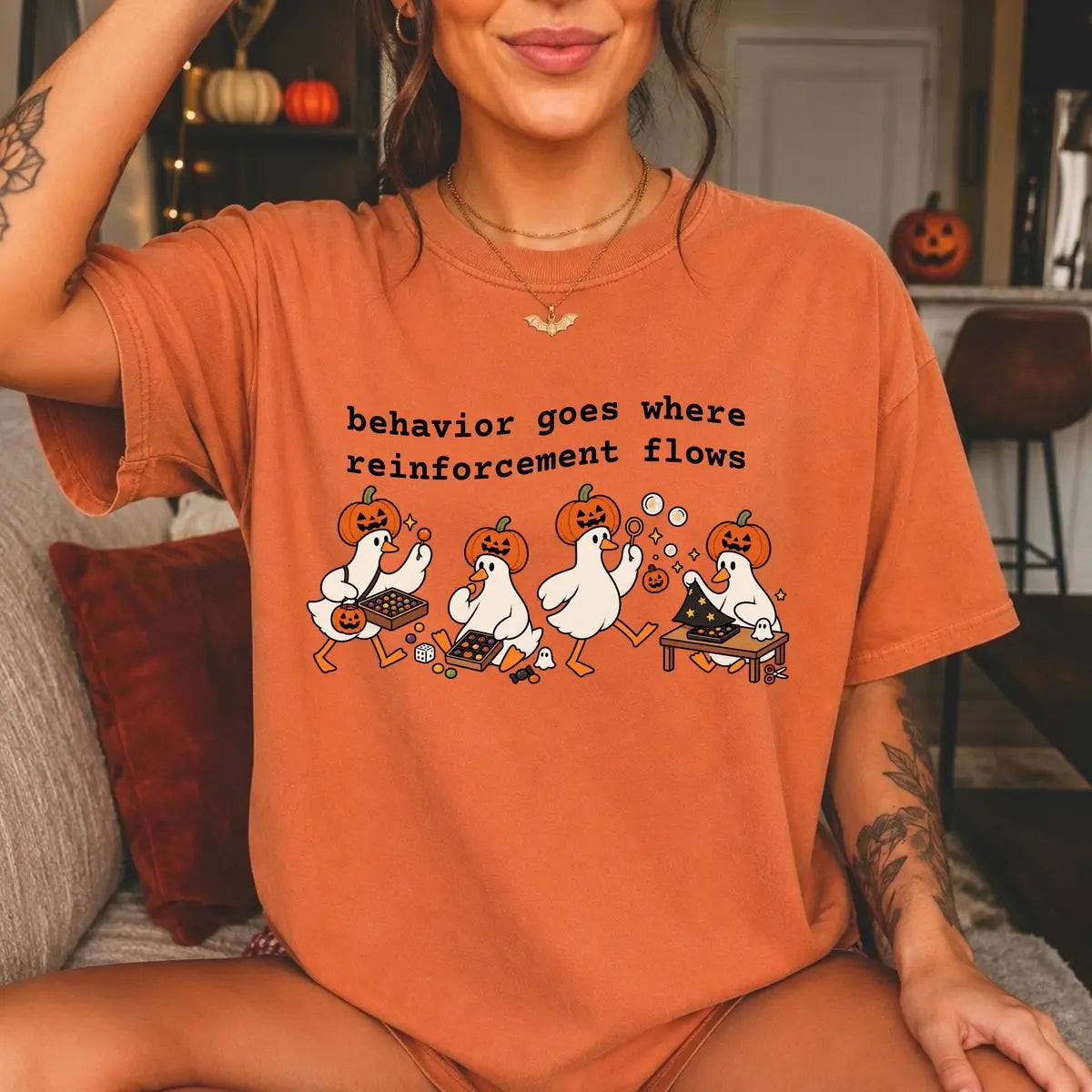 Comfort Colors 1717 T-shirt with Behavior Goes Where Reinforcement Flows design worn by a model view 2